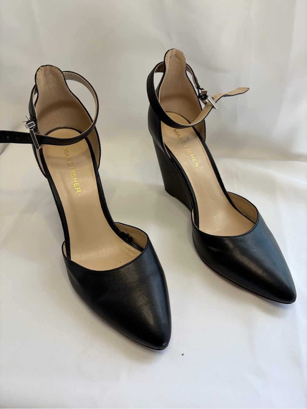 Marc Fisher Black Leather Pointed-Toe Wedge Ankle-Strap Pumps